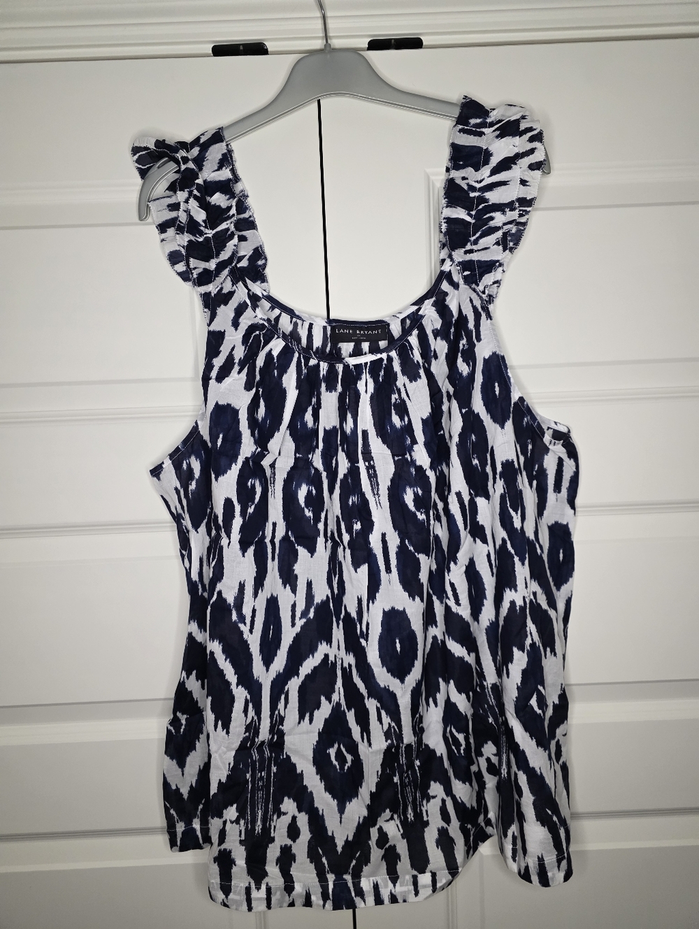 NWT Lane Bryant Womens 26 Swing Ruffle- Sleeve Tank Top - Navy Ikat